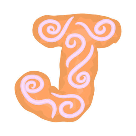 Set of alphabet J letters and numbers symbols festive christmas gingerbread cookies cakes with icing. funny cartoon font vector illustration isolated on whiteのイラスト素材