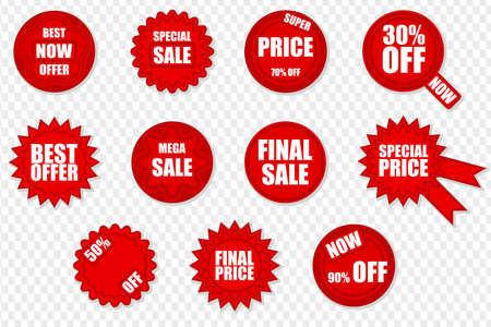 Set of red vector isolated stickers with sale clearance slogans. sales promotion pop-eyed desing discount offer. red round label with attractive textのイラスト素材