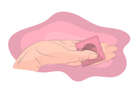 male hand holds a condom. latex protection against sexually transmitted diseases hiv aids, contraception concept vector illustrationのイラスト素材