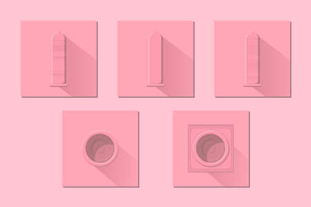 pink condoms flat icons set, smooth ribbed pimples condom. trendy medical care vector illustration.のイラスト素材