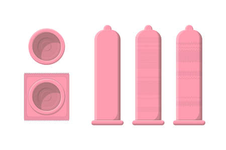 set of pink condoms and contraception packages isolated on white. different form flat vector illustrationのイラスト素材