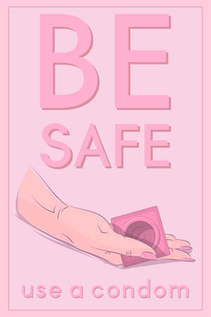 sex protection greeting card banner, female hand holds condom and slogan be safe use a condomのイラスト素材