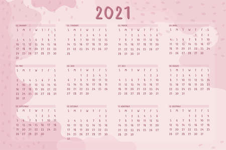 2021 year wall annual calendar template cute minimalist style. Abstract pink hand drawn spots dots lines. Week Starts on Sundayのイラスト素材