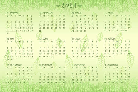 2021 wall annual calendar template in a cute botanical ecostyle. Calendar design concept with hand drawn font type and green leaves. Week Starts on Sundayのイラスト素材
