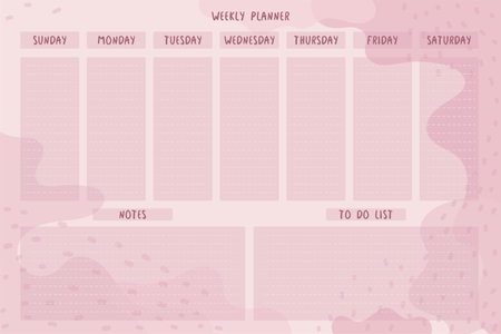 Weekly planner in tender cute style. Abstract pink hand drawn spots dots lines. Week Starts on Sunday.のイラスト素材