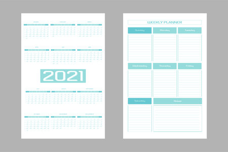 Set of 2021 calendar and weekly planner diary template. Monthly calendar and personal schedule minimalist design. Week starts on sunday.のイラスト素材