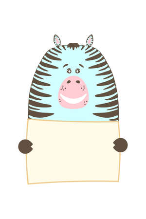 Cute cartoon zebra horse animal holding tag sign with copy space. set greeting card banner invitation flyer brochure. cartoon hand drawn style. Little pets with blank marksign information plateのイラスト素材