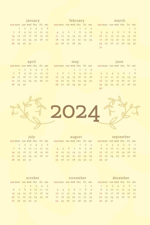 2024 calendar in delicate natural trendy style decorated with botanical floral hand drawn branch leaves. vertical format. light pastel green color. week starts on Sunday.のイラスト素材