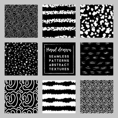 black and white doodle hand-drawn seamless patterns set with blots and strokes.のイラスト素材