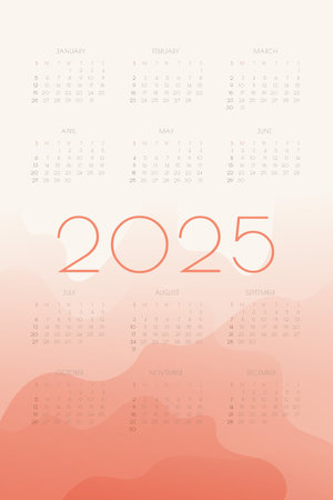 2025 calendar with coral gradient fluid wave shapes. vertical annual template for print and digital. Week starts on Sundayのイラスト素材