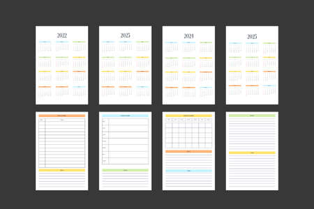 2022 2023 2024 2025 calendar and daily weekly monthly personal planner diary template in classic strict style. Monthly calendar individual schedule minimalism restrained design for business notebook. Week starts on sunday.のイラスト素材