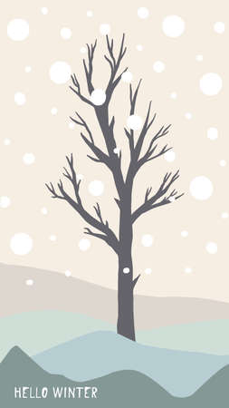 christmas greeting card cute hand drawn style and trendy matching pastel colors. christmas tree and snowman with gift box on snowdrift with garland and snow flakes.のイラスト素材