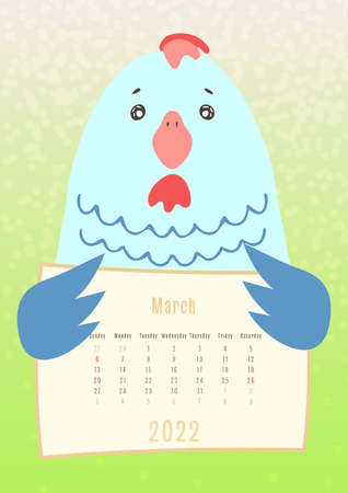 2022 march calendar, cute chicken bird holding a monthly calendar sheet, hand drawn childish style.のイラスト素材