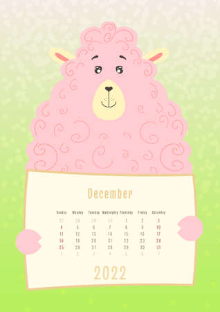 2022 december calendar, cute ram llama animal holding a monthly calendar sheet, hand drawn childish style.のイラスト素材