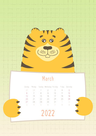 2022 march calendar, cute tiger animal holding a monthly calendar sheet, hand drawn childish style.のイラスト素材