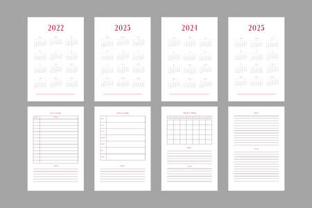 2022 2023 2024 2025 calendar and daily weekly monthly personal planner diary template. Monthly calendar individual schedule minimalist design for business notebook. Week starts on sundayのイラスト素材