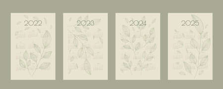 2022 2023 2024 2025 calendar with hand drawn leafs and branchs, planner organizer template in green natural eco style, vertical format.のイラスト素材