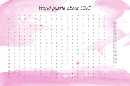Valentines day word puzzle crossword - find the listed words about love in the brain work puzzle. attention test, riddle game in English. words are located forward and downのイラスト素材