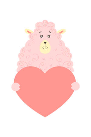 Cute cartoon sheep ram mutton animal holds a heart sign with copy space. set valentine's day greeting card banner invitation flyer brochure. cartoon hand drawn style. Little animals pets in love, declaration of love.のイラスト素材