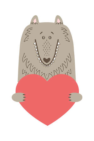 Cute cartoon dog jackal wolf husky animal holds a heart sign with copy space. set valentine's day greeting card banner invitation flyer brochure. cartoon hand drawn style. Little animals pets in love, declaration of love.のイラスト素材