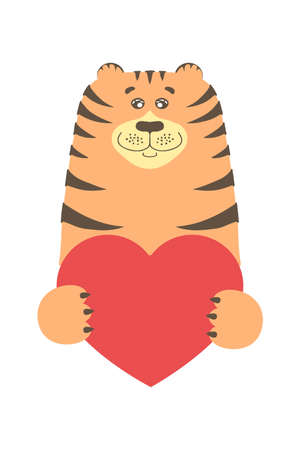 Cute cartoon tiger cat holding a heart sign with copy space. set valentine's day greeting card banner invitation flyer brochure. cartoon hand drawn style. Little animals pets in love, declaration of love.のイラスト素材