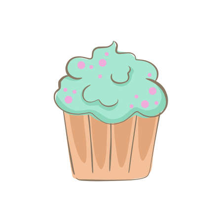 hand drawn cupcake with cream and topping. simple cartoon food illustration of cake.