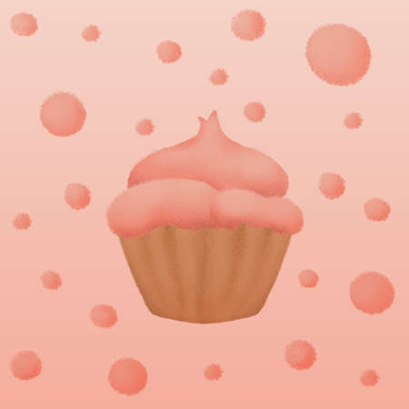 hand drawn cupcake and dots in coral pink color palette, texture effect of chalk or crayon.の写真素材