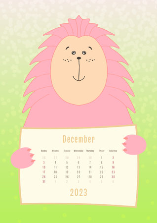 2023 december calendar, cute hedgehog animal holding a monthly calendar sheet, hand drawn childish style.のイラスト素材