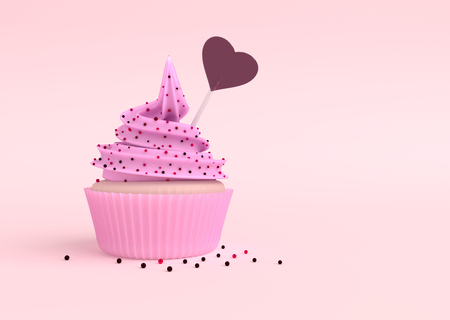 Cupcake with lollipop in the shape of a heart. 3D illustrationの写真素材