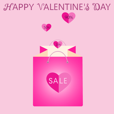 Valentine's day sale and discount and wishing happy valentines day. Pink shopping bag with heart. Isolated vector illustrationのイラスト素材