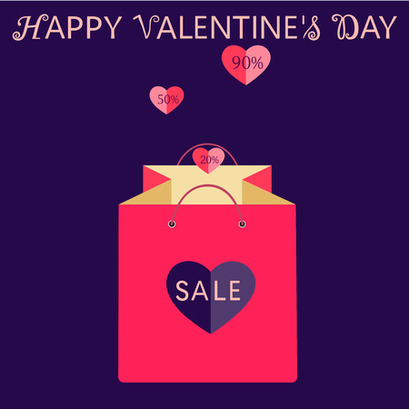 Valentine's day sale and discount and wishing happy valentines day. Pink shopping bag with heart. Isolated vector illustrationのイラスト素材