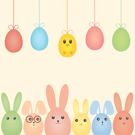 Easter bunnies, chicken and easter eggs. Vector illustrationのイラスト素材