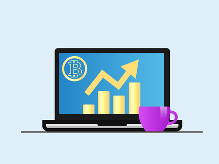 Bitcoin. Laptop with growth diagram on screen. Cryptocurrency and digitally concept. Bitcoin growing value concept. Isolated vector illustrationのイラスト素材