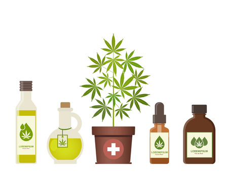 Marijuana plant and cannabis oil. Medical marijuana. Hemp oil in a jar. CBD oil hemp products. Oil glass bottle mock up. Packaging product label and logo graphic template. Vector illustration.のイラスト素材