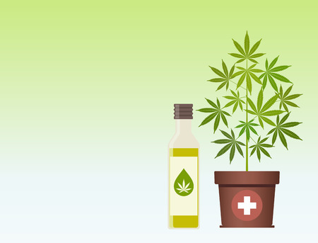 Marijuana plant and cannabis oil. Hemp oil in a jar. CBD oil hemp products. Oil glass bottle mock up. Packaging product label and logo graphic template. Vector illustration with copy space.のイラスト素材