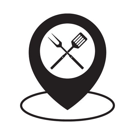 Food Location Icon Logo Design Element. BBQ or grill tools icon. Crossed barbecue fork with spatula and map pointer. Black simple silhouette. Vector flat illustration. Isolated on white background.のイラスト素材