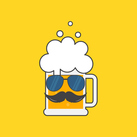Beer mug with sunglasses and a mustache. Oktoberfest beer festival hipster poster design. Symbol Template Logo. Vector illustration flat design. Isolated.のイラスト素材