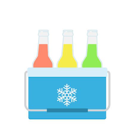 Freezer-bag in blue color. Vector illustration of drinks in a small refrigerator. Cooler bag. Isolated vector illustration on white background.のイラスト素材