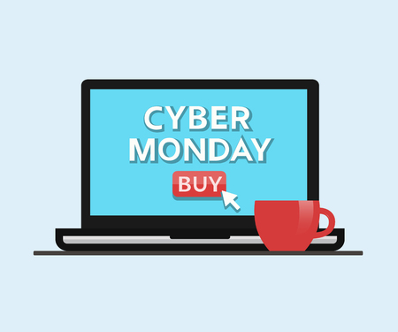 Cyber monday sale. Laptop computer with a cup of coffee. Holiday online shopping concept. Electronic store, comfort and time save concept. Isolated vector illustration.のイラスト素材