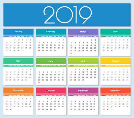 Colorful year 2019 calendar. Simple Vector Template. Isolated illustrationのイラスト素材