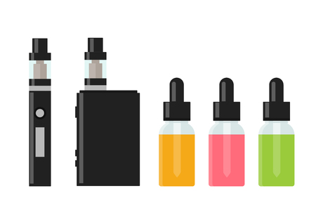 Vaping device and accessory. Electronic cigarette and bottles with vape liquid. e- liquid, e-juice. Mockup of Vape bottle with liquid. Isolated vector illustration on white background.のイラスト素材