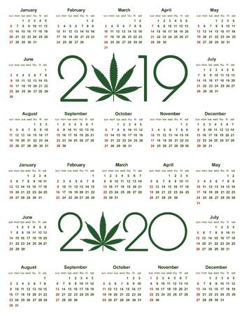 Marijuana calendar for 2019 and 2020 year. Medical Cannabis. Simple Vector Template. Stationery Design Template. Isolated vector illustration on white background.のイラスト素材