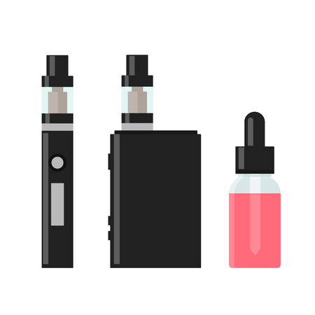Vaping device and accessory. Electronic cigarette and bottles with vape liquid. e- liquid, e-juice. Mockup of Vape bottle with liquid. Isolated vector illustration on white background.のイラスト素材