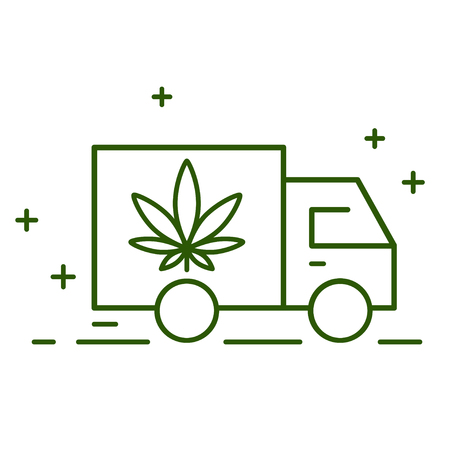 Delivery cannabis. Illustration of a delivery truck icon with a marijuana leaf. Marijuana Legalization. Isolated vector illustration on white background.のイラスト素材