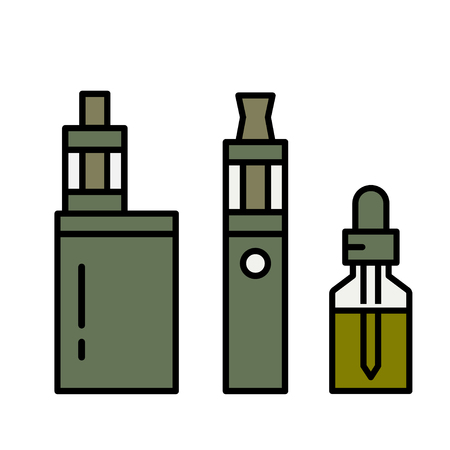 Vaping device and accessory. Electronic cigarette and bottles with vape liquid. e- liquid, e-juice. Mockup of Vape bottle with liquid. Isolated vector illustration on white background.のイラスト素材