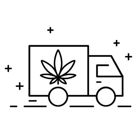 Delivery cannabis. Illustration of a delivery truck icon with a marijuana leaf. Drug consumption, marijuana use. Marijuana Legalization. Isolated vector illustration on white background.のイラスト素材