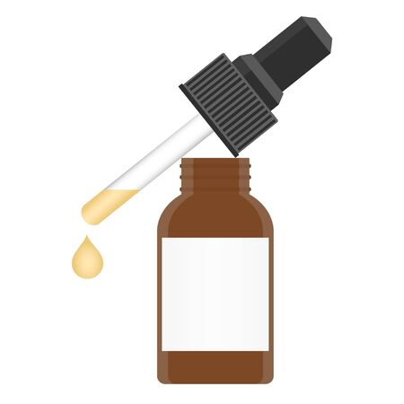 A glass bottle with a pipette with serum yellow. Isolated vector illustration on white background.のイラスト素材