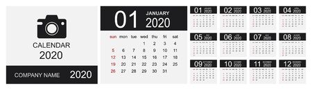 Calendar 2020 year. Simple Vector Template. Calendar design in black and white colors, holidays in red colors. Week Starts on Sunday. Vector illustrationのイラスト素材