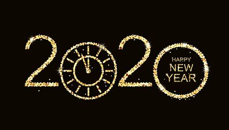 2020 Happy New Year background with gold clock. Isolated illustration on black background.
