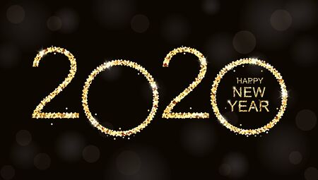 2020 Happy New Year text for calendar, greeting cards or print, with gold glitter confetti. Illustration.の写真素材
